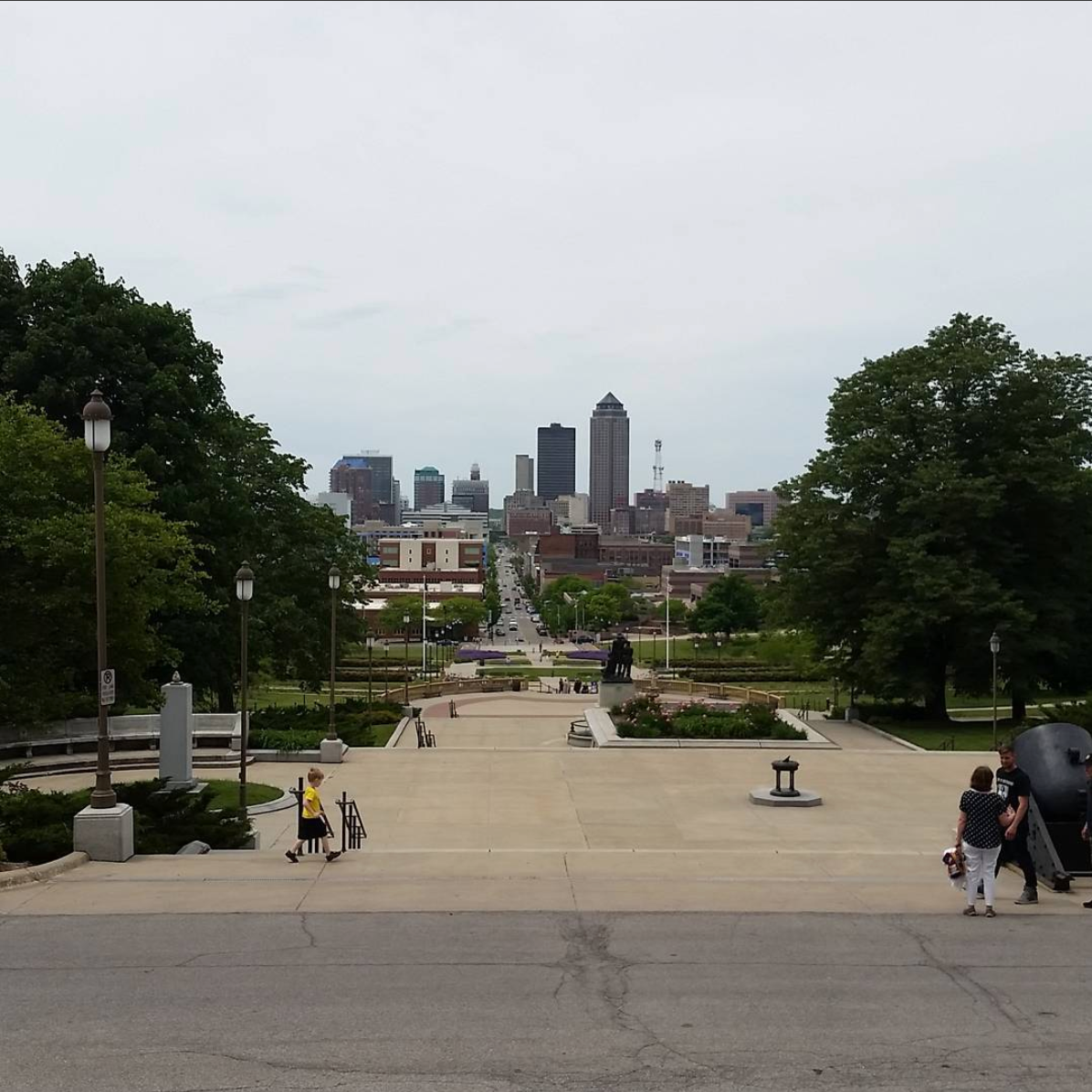 A shot of downtown Des Moines taken from the steps of the Iowa capital.