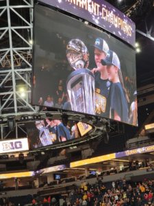 Caitlin Clark and Monika Czinano of the University of Iowa women's basketball team celebrate winning the 2023 Big Ten Tournament at the Target Center in Minneapolis.