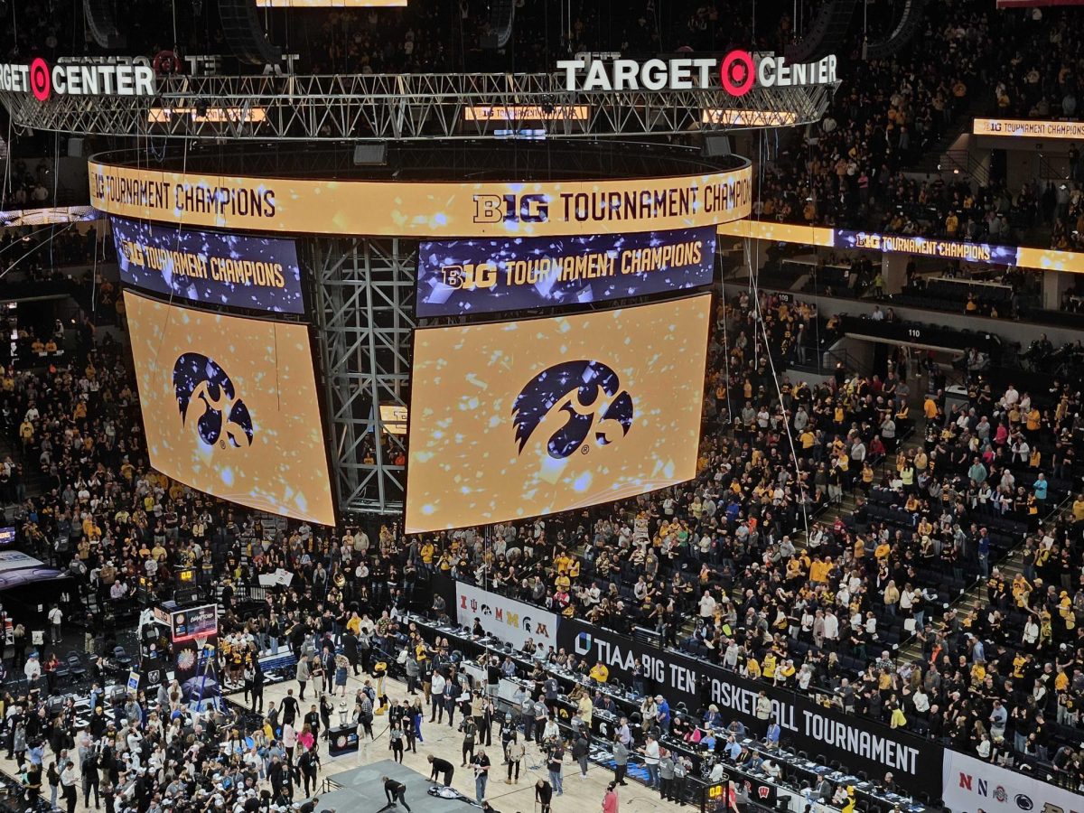 The video board at the Target Center in Minneapolis, Minnesota displays the Tigerhawk logo after the Iowa women's basketball team won the Big Ten Championship on March 10, 2024.