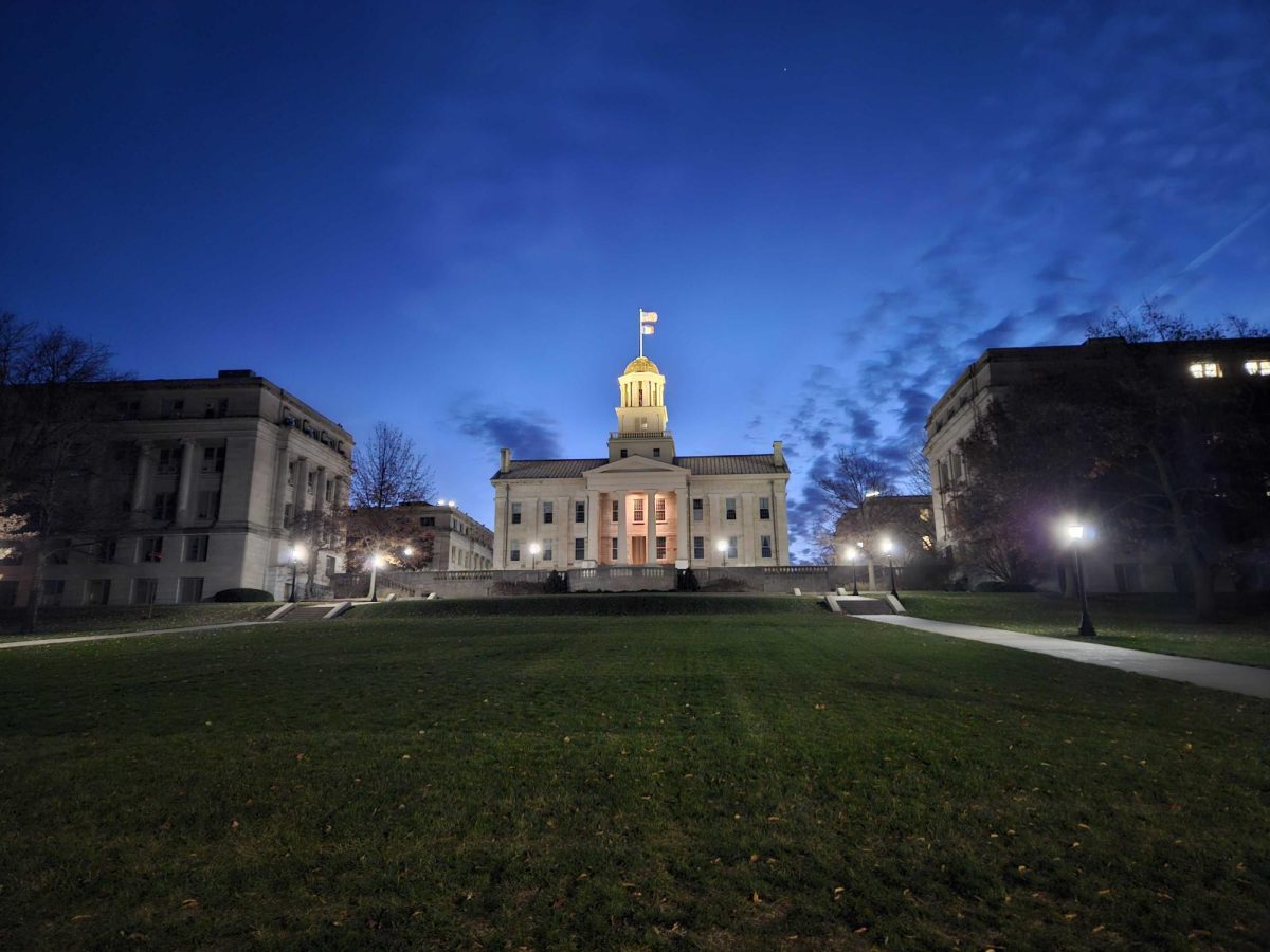 The Old Capitol on the University of Iowa campus at sunrise.