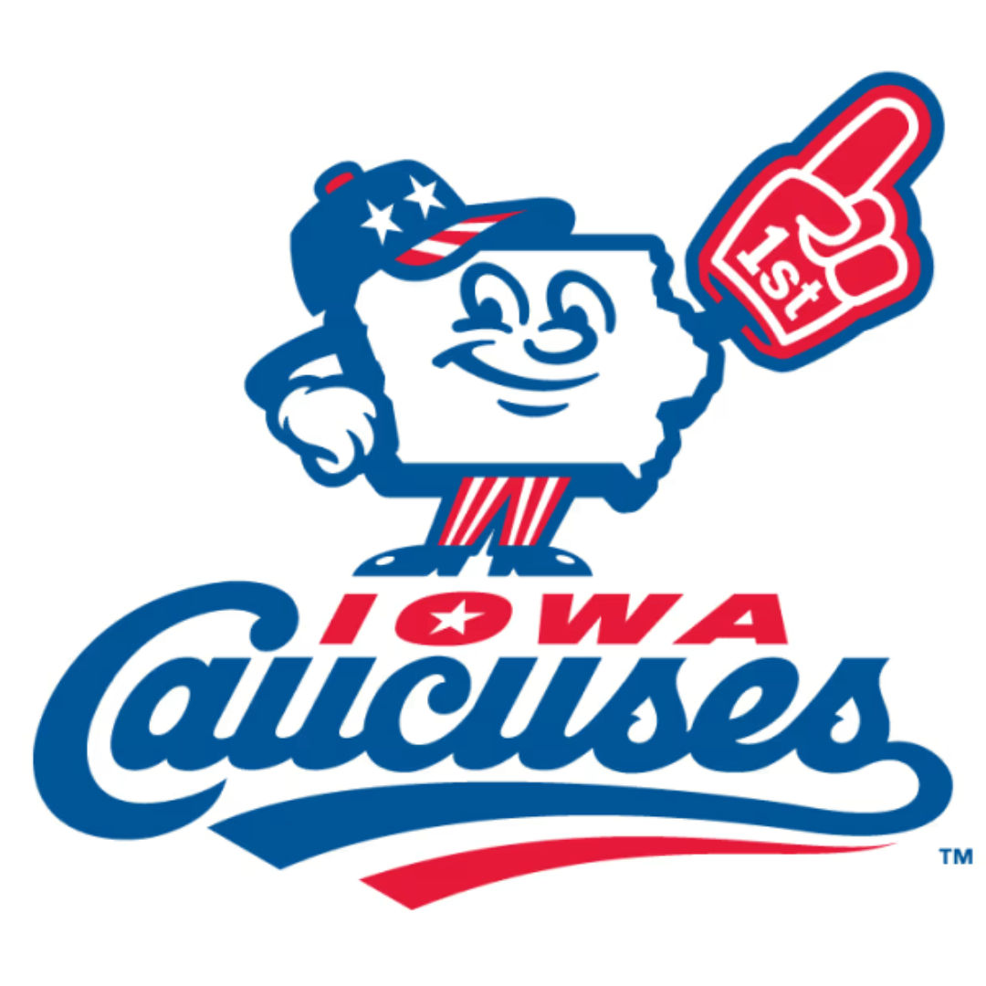 Created as a themed 2019 game logo, the Iowa Caucuses logo is a humanized cartoon of the state holding a "1st" foam finger.