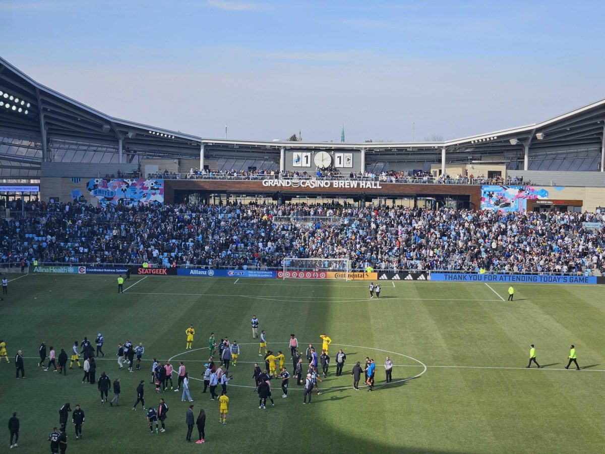 A photo taken from the stands at an MNUFC soccer match at Allianz Field in St. Paul, Minnesota.